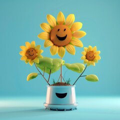 Cheerful Smiling Sunflowers in Happy Blue Pot on Light Background.