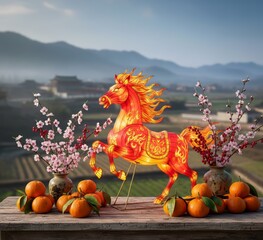 Fototapeta premium Chinese Lunar New Year poster with horse lantern sculpture and mandarins overlooking village Chunjie holidays