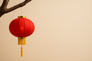 Fototapeta premium Chinese Lunar New Year poster with hanging red lantern and copy space on beige, Chunjie holidays