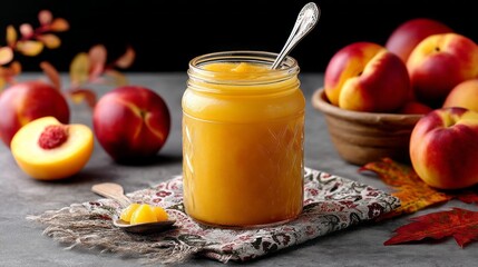 A glass jar of homemade peach compote sits on a rustic cloth, surrounded by fresh peaches. The golden compote glimmers under gentle light, celebrating the flavors of summer