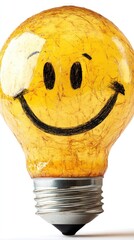 Cheerful Yellow Light Bulb with Happy Smiley Face Design.