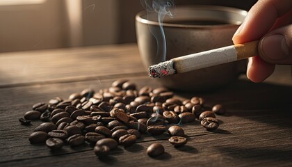 Hand Holding Lit Cigarette Smoldering Over Pile Of Roasted Coffee Beans With Steaming Cup Of Coffee In Soft Morning Sunlight On Wooden Table Close Up Macro Shot