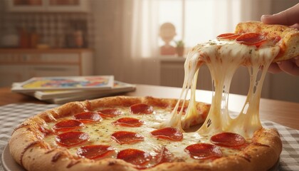Hand Lifting a Delicious Pepperoni Pizza Slice with Stretched Mozzarella Cheese Over a Whole Pizza on a Table with Warm Indoor Lighting