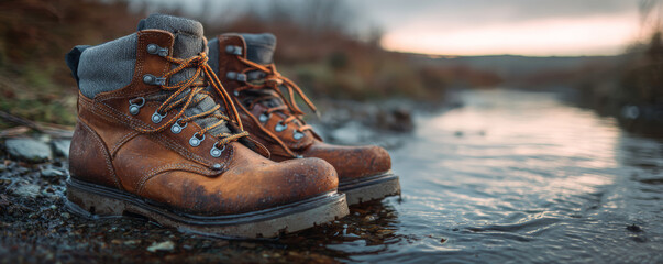 Worn brown leather hiking boots with laces resting on rocky ground near calm river at sunset