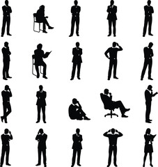 A professional vector illustration featuring a diverse group of business people silhouettes and walking person outlines in black suits, showcasing a standing team and family group in various poses