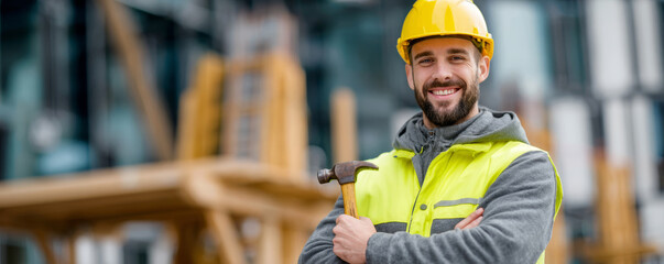 Construction worker smiling with hammer wearing yellow safety helmet and jacket at building site