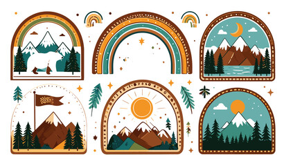 Vibrant Collection of Mountain and Nature-Themed Illustrations Featuring Rainbows, Trees, and Wildlife Scenes