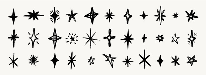 Hand drawn crayon star and sparkle set with rough pencil texture. Vector doodle shapes in chalk style with hand drawn stars and sparkles. Perfect for kids designs, wallpaper, wrapping paper, fabric