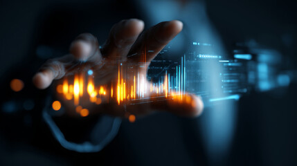 Futuristic hand interacting with glowing digital data charts and graphs in dark environment