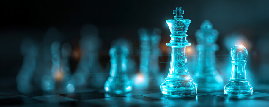 Chess piece king glowing with digital network effect on chessboard in dark background, futuristic strategy concept