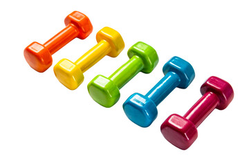 Vibrant, colorful hand weights arranged in a rainbow spectrum for fitness and exercise promotion, ideal for health and wellness campaigns.