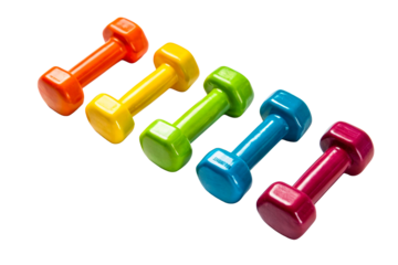 Vibrant, colorful hand weights arranged in a rainbow spectrum for fitness and exercise promotion, ideal for health and wellness campaigns.