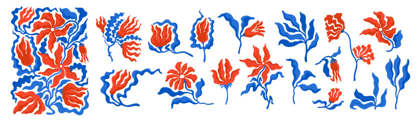 Wildflower floral set with wavy Nordic vector plants in red and blue. Groovy abstract flowers and leaves perfect for decorative prints, stationery, and retro designs