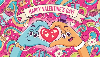 Happy Valentines Day Cartoon Hands Forming Heart Shape With Red Heart In Center And Pink Swirls Background
