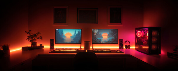 Dual monitor computer setup with colorful sunset wallpaper and glowing red LED lights creating cozy gaming atmosphere