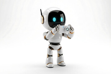 Naklejka premium Cute Small Futuristic Humanoid Robot Holding a Compact Digital Camera to Take a Photo isolated on white background. 3D rendering illustration. Copy space