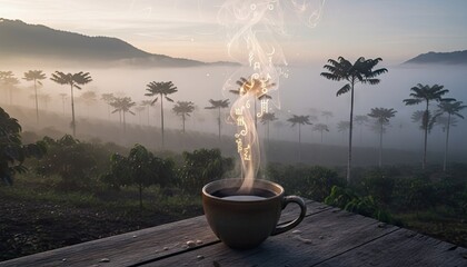Hot steaming coffee cup on a wooden table with coffee plantation and misty mountains in the background at sunrise