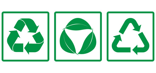 Set of recycling icons. Recycle symbol collection. Perfect for eco friendly design, sustainability, waste management, circular economy, and renewable process. Icons, vector. Plastic, paper, glass