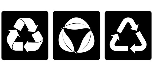 Set of recycling icons. Recycle symbol collection. Perfect for eco friendly design, sustainability, waste management, circular economy, and renewable process. Icons, vector. Plastic, paper, glass