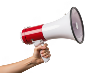 Hand holding a red and white megaphone isolated on transparent background