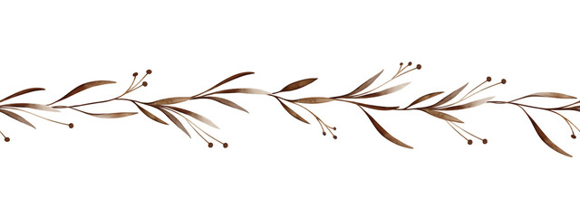 Watercolor seamless horizontal ornament with brown flowers spots with leaves. Hand drawn illustration repeat banner with plants on isolated white background. Border with dark branches with round buds