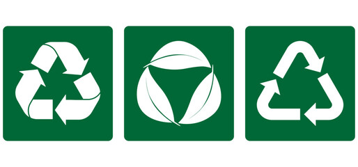 Set of recycling icons. Recycle symbol collection. Perfect for eco friendly design, sustainability, waste management, circular economy, and renewable process. Icons, vector. Plastic, paper, glass