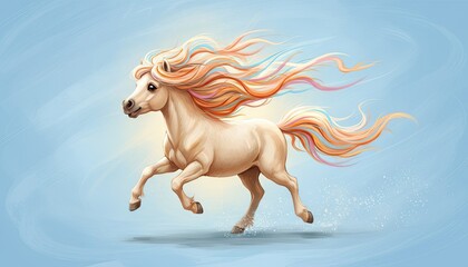 Magical beige unicorn with flowing rainbow mane galloping across a light blue ethereal background with sparkling particles
