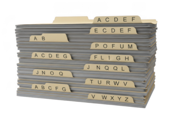 Stack of gray file folders with alphabetical tabs isolated on transparent background