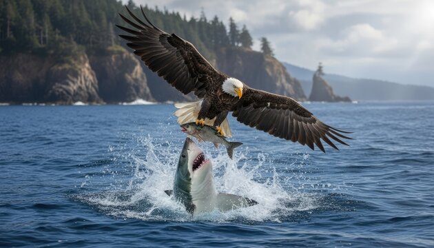 Majestic Bald Eagle Grabs Fish Mid Air Above Leaping Shark in Bright Sunlight Over Rippling Blue Ocean Water Near Rocky Coastline with Pine Trees