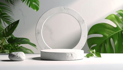 Platform display with a round stone circle and bright green foliage against a white wall, soft natural lighting on the scene