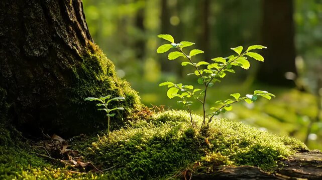 Tiny green sapling sprouts from mossy forest floor near ancient tree trunk