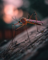 Close-up Mosquito Perched on Surface with Sunset Glow.