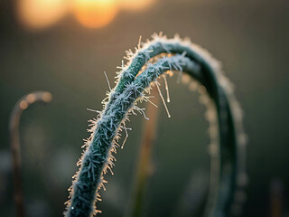 Obraz premium Frosted plant stem with warm light at sunrise, with copy space