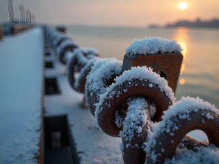 Rusty chain covered in snow at sunset over water, with copy space