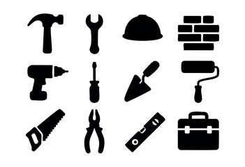 Vector set of black silhouette icons representing common construction, repair, and DIY tools and equipment on a clean white background — stock vector.