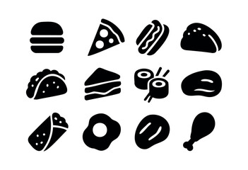 A diverse collection of minimalist black silhouette icons representing various popular fast food and meal items like burgers, pizza, tacos, and sushi, isolated on white background &mdash; stock vector.