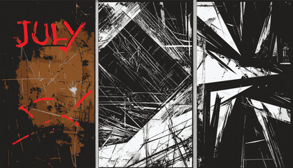 Abstract dark and bright lines intersecting with grunge texture and red text 'July'