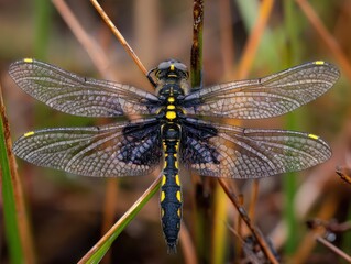 Close-up of Black and Yellow Dragonfly Perched on Reed Stem.
