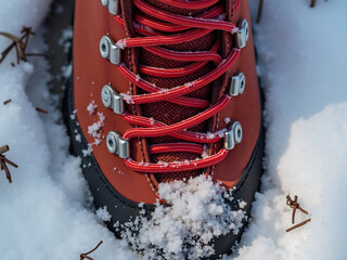 Close-up of hiking boot with red laces in fresh snow