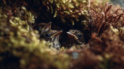 Obraz premium Close-Up View of Baby Birds in a Nest Surrounded by Greenery and Natural Elements, Showcasing Nature's Beauty and Growing Life
