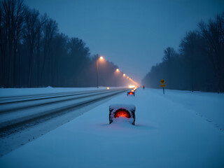 Snowy winter road at dusk with streetlights and cars, with copy space