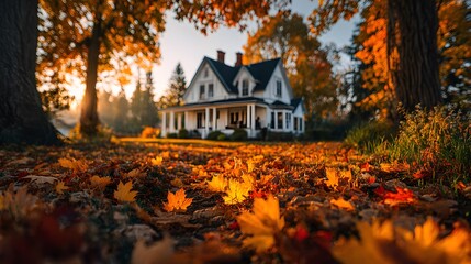 Obraz premium Beautiful suburban house viewed from low angle through a bed of fallen golden autumn leaves, warm sunlight filtering through trees, cozy fall.