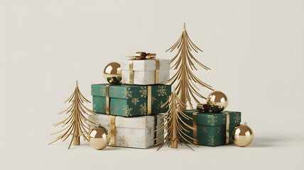 Elegant christmas gift boxes with golden decorations and metal trees
