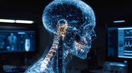 Glowing Digital Human Head and Spine Scan in Dark Environment