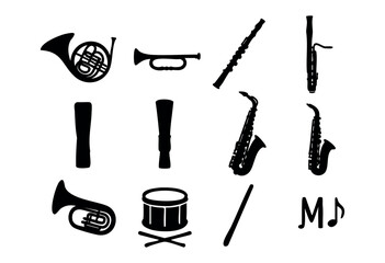 A collection of black silhouette vector icons representing various orchestral and band instruments, a conductor's baton, and a musical note on a white background — stock vector.