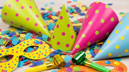 Obraz premium Party hats and confetti colorful celebration with masks and noisemakers festive decorations for a fu