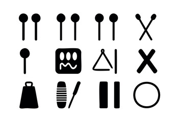 Obraz premium A collection of minimalist black silhouette icons representing various percussion instruments and musical elements on a white background — stock vector.