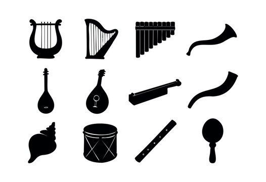 A collection of black silhouettes representing various traditional, folk, and ancient musical instruments arranged on a white background &mdash; stock vector.