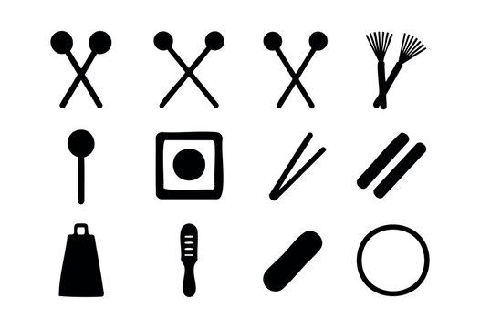 A collection of black silhouette icons representing various percussion instruments and rhythmic accessories on a white background &mdash; stock vector.