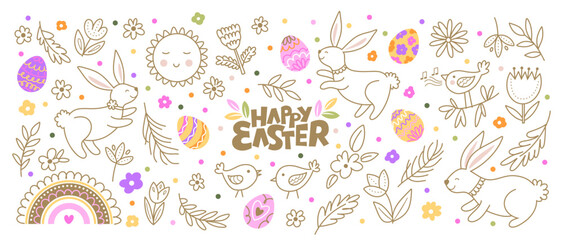 Fototapeta premium Set of hand-drawn line art doodles with Easter elements: eggs, bunnies, birds, flowers, spring leaves and “Happy Easter” lettering. Playful illustration set perfect for spring and Easter designs.